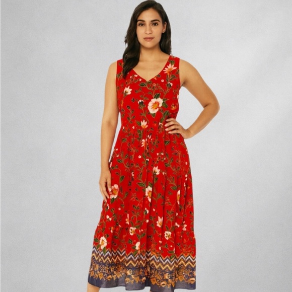 Just Found Dresses & Skirts - Just Found 1X Red Floral Boho Maxi Dress Sleeveless Chevron Hem Plus Size